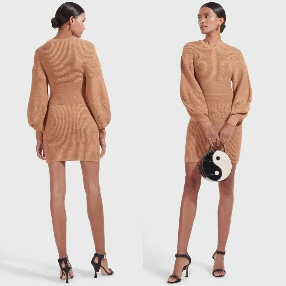 NEW STAUD Marylebone Camel Tan Long Sleeve Knit Sweater Dress Size Large - Picture 2 of 10